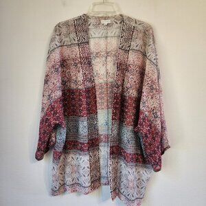 Garnet Hill Women Cardigan Open Front 100% Silk Kimono Geometric Sz L-XL Classic
